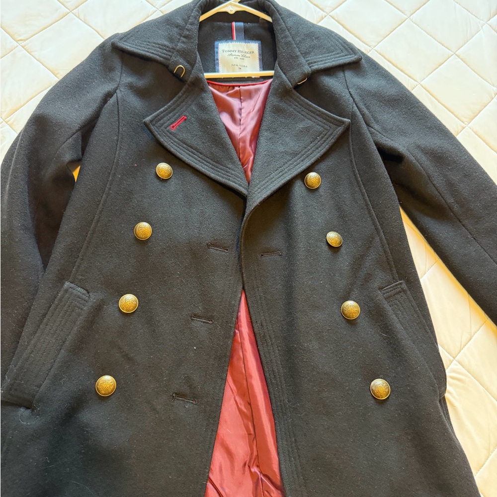 Tommy Hilfiger Wool Black Pea Coat with Gold Buttons